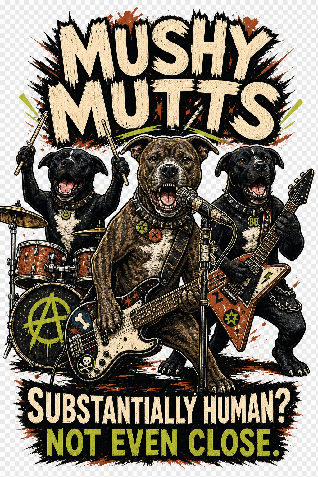 Mushy Mutts Substantially Human artwork close-up with Bindi, Bonnie and BB