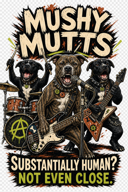 Mushy Mutts Substantially Human artwork close-up with Bindi, Bonnie and BB