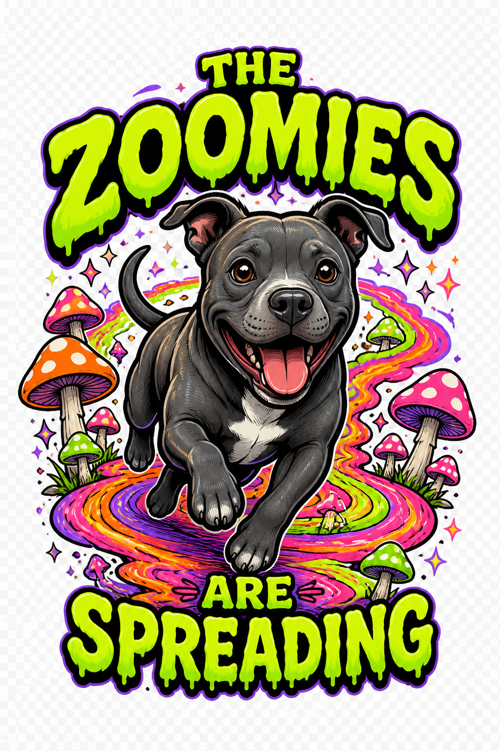 The Zoomies Are Spreading Staffy artwork close-up